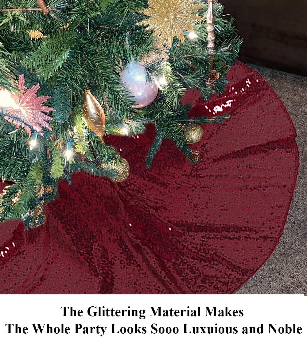 Partisout 24-inch Burgundy Sequin Christmas Tree Skirt - Sparkle & Shine Rustic Xmas Tree Skirt for Party, Wedding, and Holiday Decor