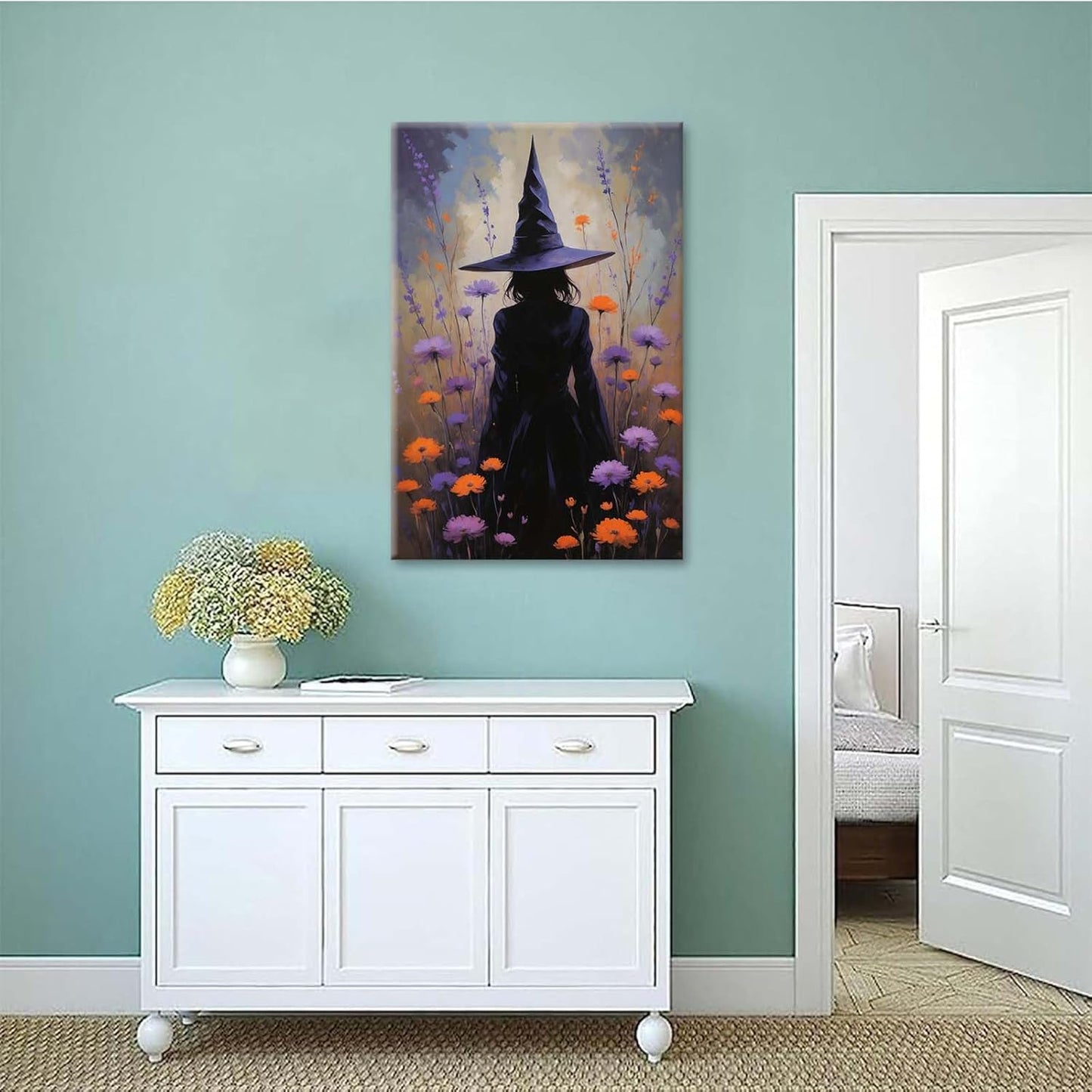 JFHCQJPK Country wildflower witch canvas print halloween mashup art witch purple decoration bohemian elegant art poster32x48in Frameless