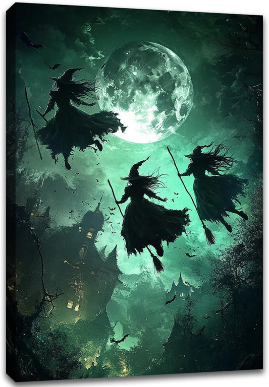 Flying Three Witches Halloween Canvas Wall Painting,Witches on Broom Under Full Moon Castle Victorian Decoration Haunted House Retro Poster for Living Room Bedroom Gallery,16"x24" Framed