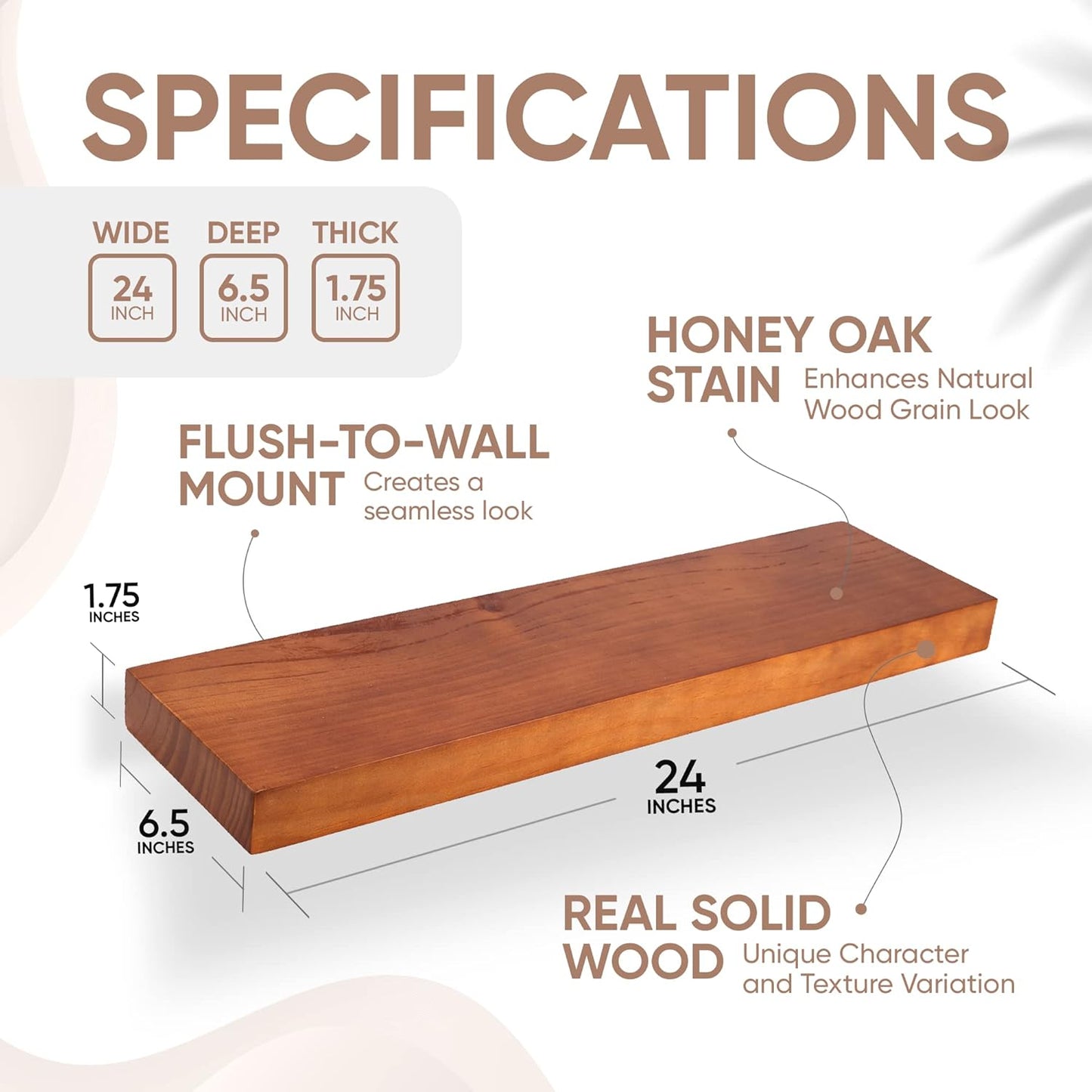 Homeforia 24inch Oak Floating Shelf for Wall, High End Solid Real Wood 24 inches Long Floating Shelves for Bathroom, Honey Oak Wooden Floating Shelves, Heavy Duty Bracket, 24 X 6.5 X 1.75 in, Set of 2