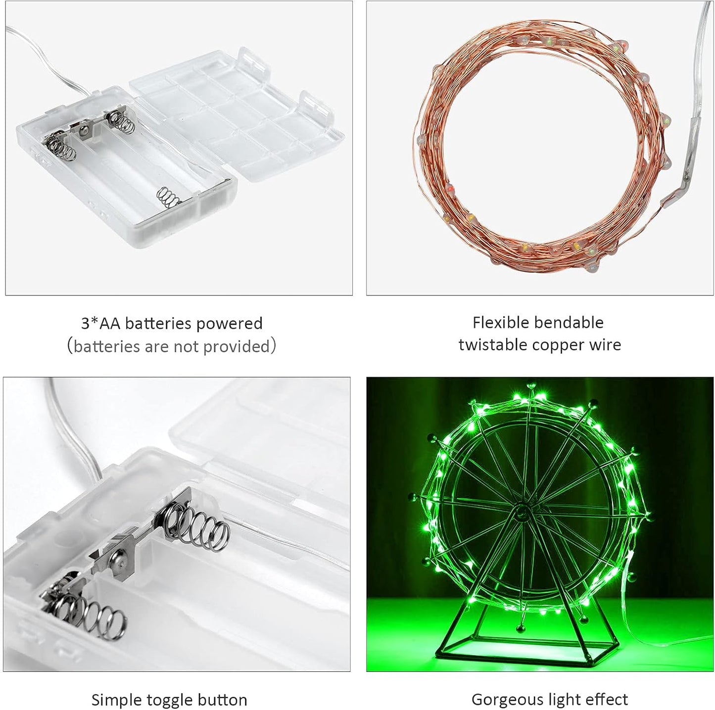 Mini St. Patrick's Day Fairy Lights Battery Operate, 4 Pack Copper Wire 3*AAA Battery Powered Led Starry Fairy String Lights for Bedroom, Christmas, Party, Wedding, Decoration(5m/16ft Green)