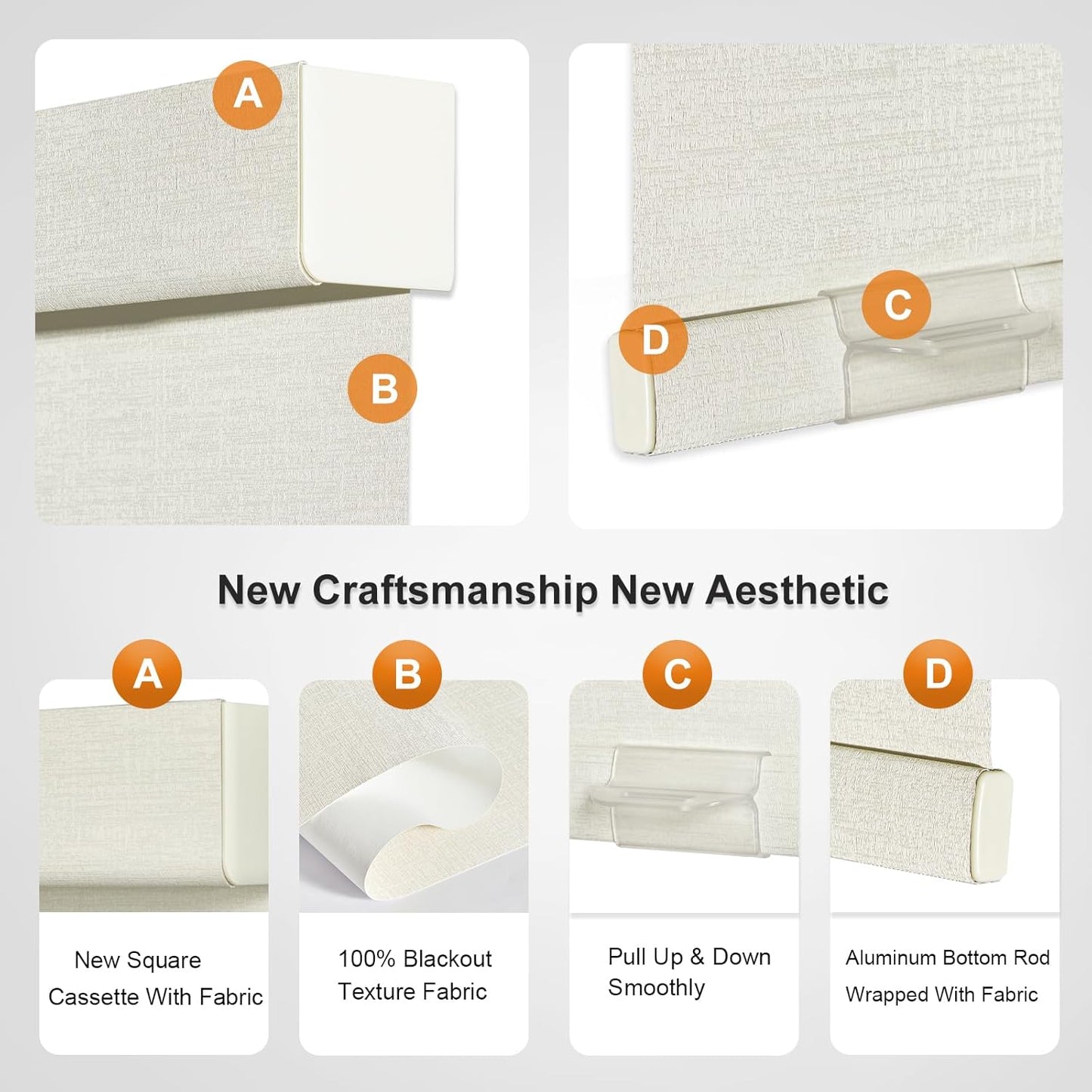 Persilux Blackout Shades for Windows Cordless Roller Blinds, Roller Windows Shades for Home with Fabric Attached Valance, UV Protections Easy Installation for Door/Office, Limestone(70" W x 84" H)