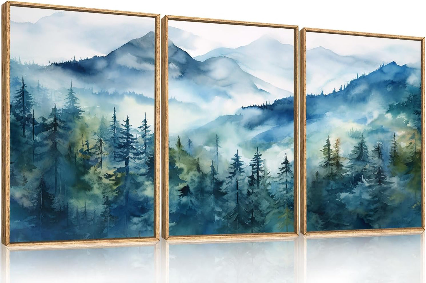 Celestdeco Blue Ridge Mountains Forest Framed Canvas Wall Art Set, Natural Landscape Wall Decor, Green Pine Trees Wall Painting, Woodland Artworks for Living Room, Bedroom, Dining Room - 24"x36"x3