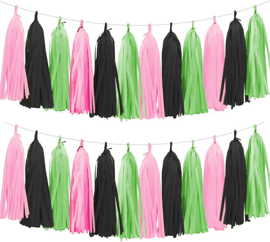 Tissue Paper Tassel Garland Banner, 15 Pack, Pink Green Black, Party Decorations for Birthday, Baby Shower