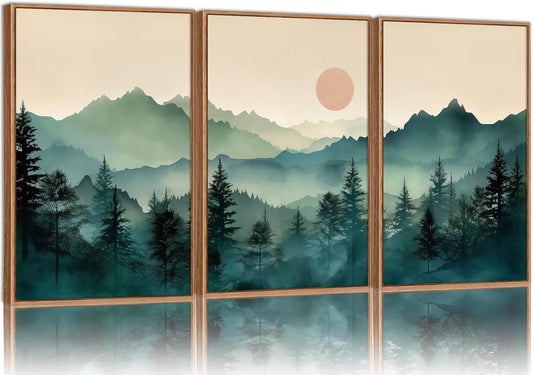 SIGNINART Large Boho Mountain Framed Canvas Wall Art Set, Nature Pine Tree Wall Painting, Abstract Foggy Forest Wall Decor, Modern Sunrise Art Prints for Bedroom Living Room and Office - 16"x24"x3