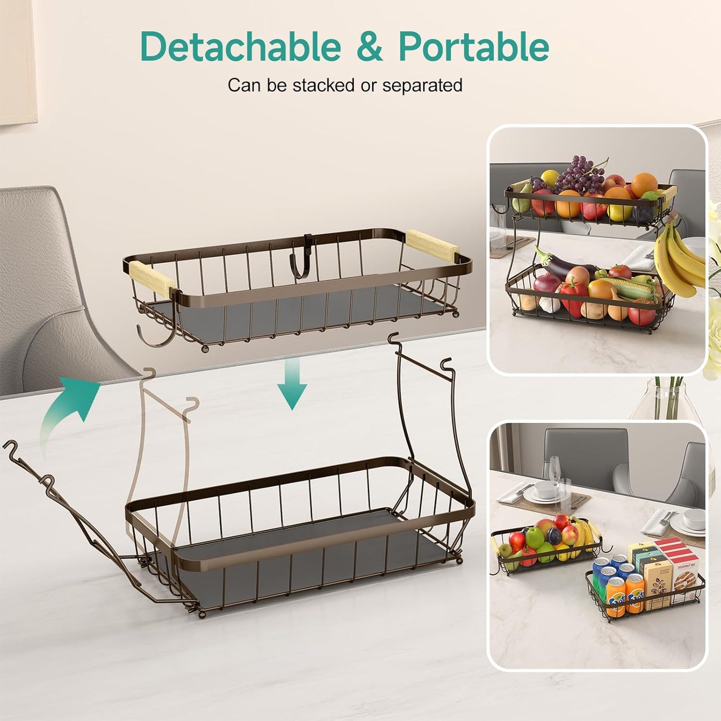 3 Tier Fruit Basket for Kitchen Counter with 2 Mobile Banana Hangers, 2025 Pro Detachable Metal Fruit Bowl with Wooden Handle, Fruit Holder for Bread Snack Veggies, Brown
