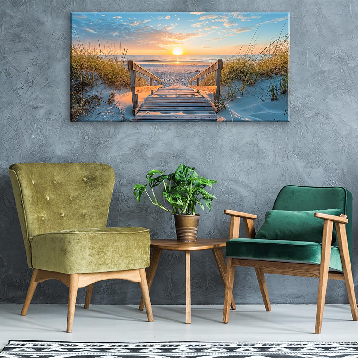 LASMOND Beautiful White Sandy Beach Pier by Seaside at Sunset Landscape Wall Art Decor Artwork for Bedroom Living Room (20x40 Inches)