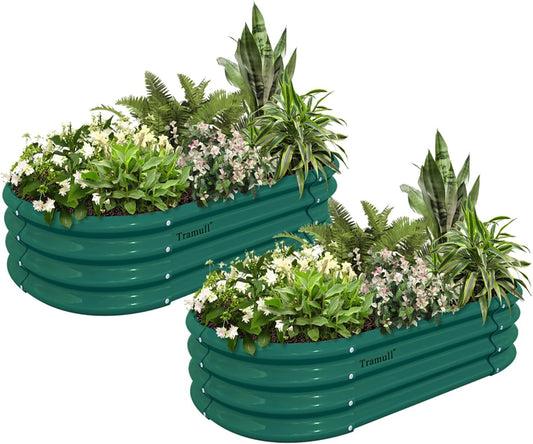 2 Pack 4x2x1FT Galvanized Raised Garden Bed Kit Oval Metal Ground Planter Box Outdoor Bottomless Planter Raised Beds for Vegetables Flowers Herbs Fruits, Green