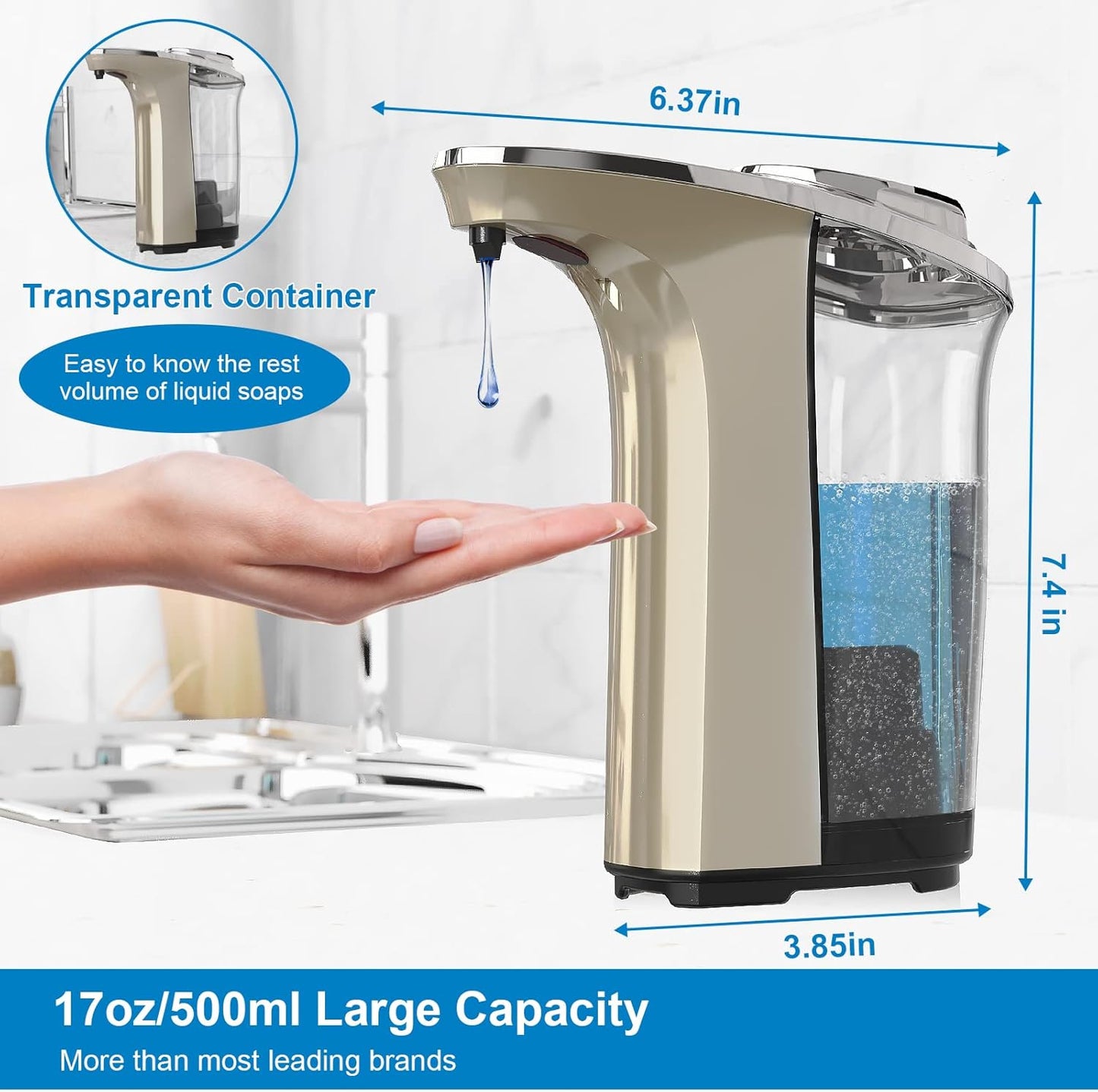 Automatic Soap Dispenser, Touchless Dish soap Dispenser 17oz/500ml with Upgraded Infrared Sensor, 5 Adjustable Soap Dispensing Levels, Liquid Hand soap Dispenser for Bathroom & Kitchen