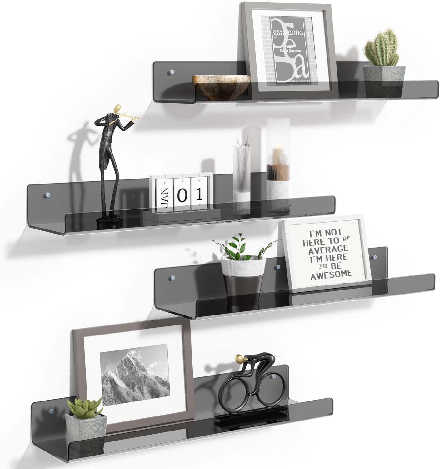 upsimples Acrylic Shelves for Wall Decor, 15" Display Shelf Perfume Organizer for Bathroom, Bedroom, Living Room, Floating Bookshelves for Kids, Clear Black, 4 Pack