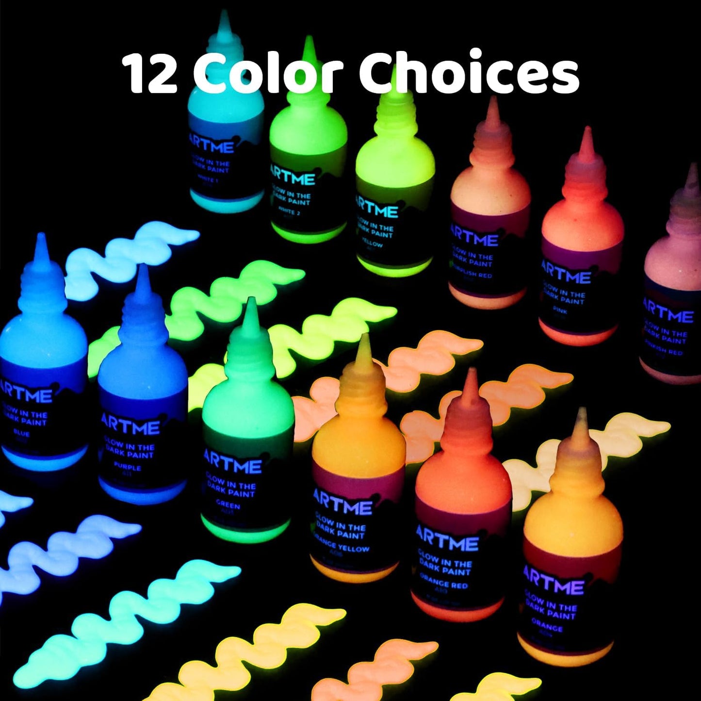 ARTME Glow in The Dark Paint, Glow Paint Set of 12 Bright Colors 30ml/1oz, Long Lasting Glow Fluorescent Perfect for Art Painting, DIY projects, Easter, Halloween, and Christmas Decorations