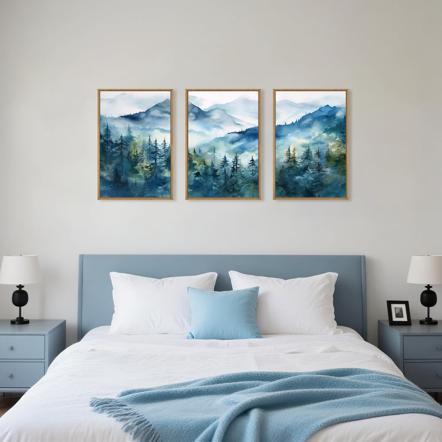 Celestdeco Blue Ridge Mountains Forest Framed Canvas Wall Art Set, Natural Landscape Wall Decor, Green Pine Trees Wall Painting, Woodland Artworks for Living Room, Bedroom, Dining Room - 24"x36"x3