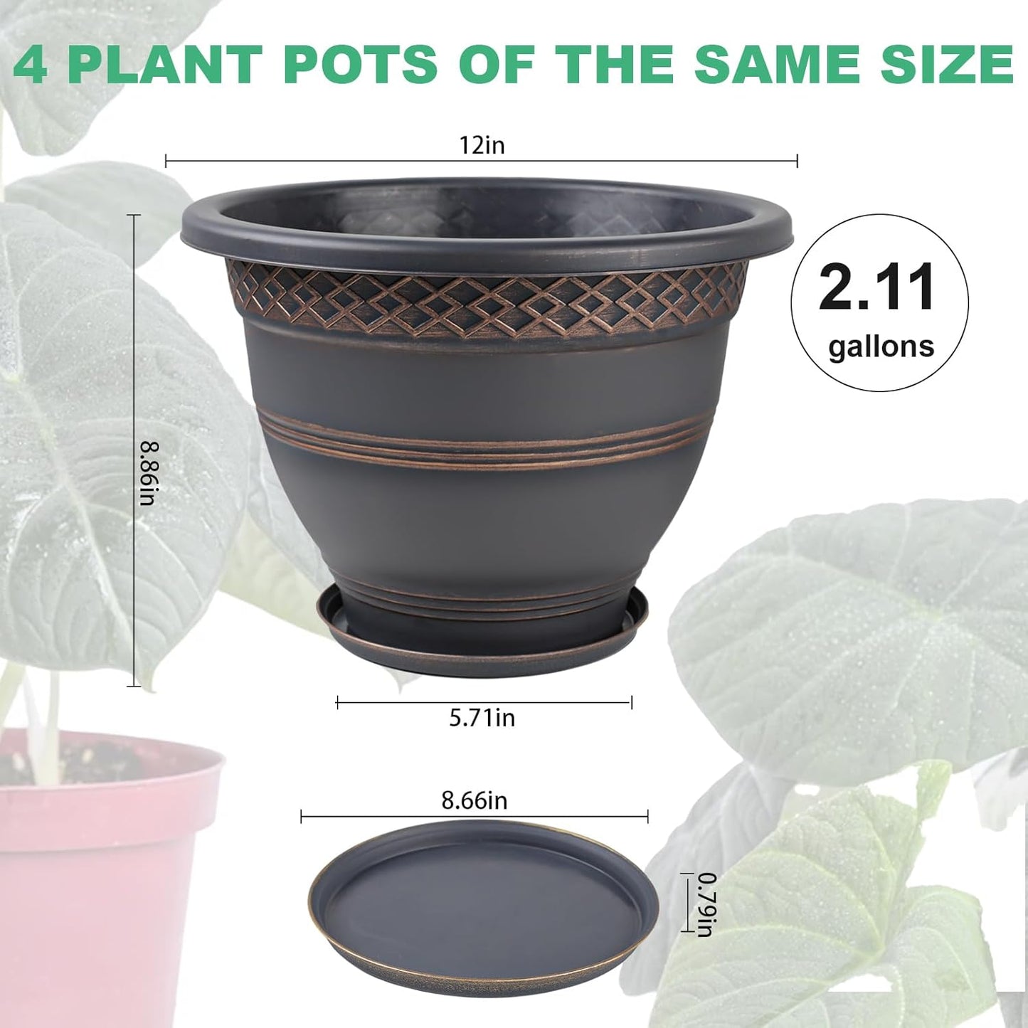4 Pack 12 Inch Large Plant Pots, Plastic Flower Pot for Indoor & Outdoor with Drainage Holes & Saucer, Plaid Pattern Planters Garden Pots for Herbs Bronze