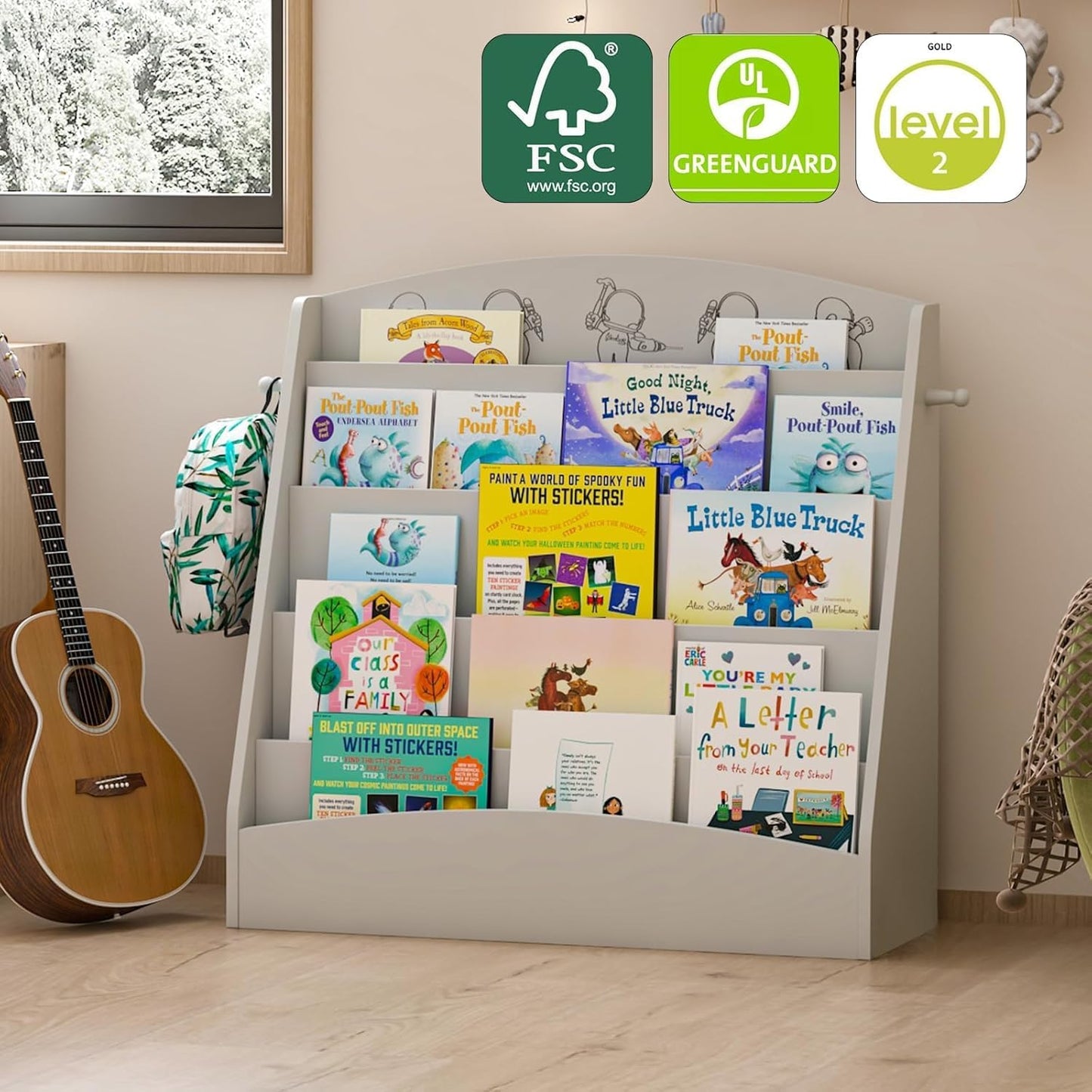 5-Tier Kids Bookshelf Montessori Toddler Book Rack Baby Bookcase Floor Front Facing Magazine Display Shelf for Bedroom Playroom Nursery Classroom Kindergarten Wood (Gray)