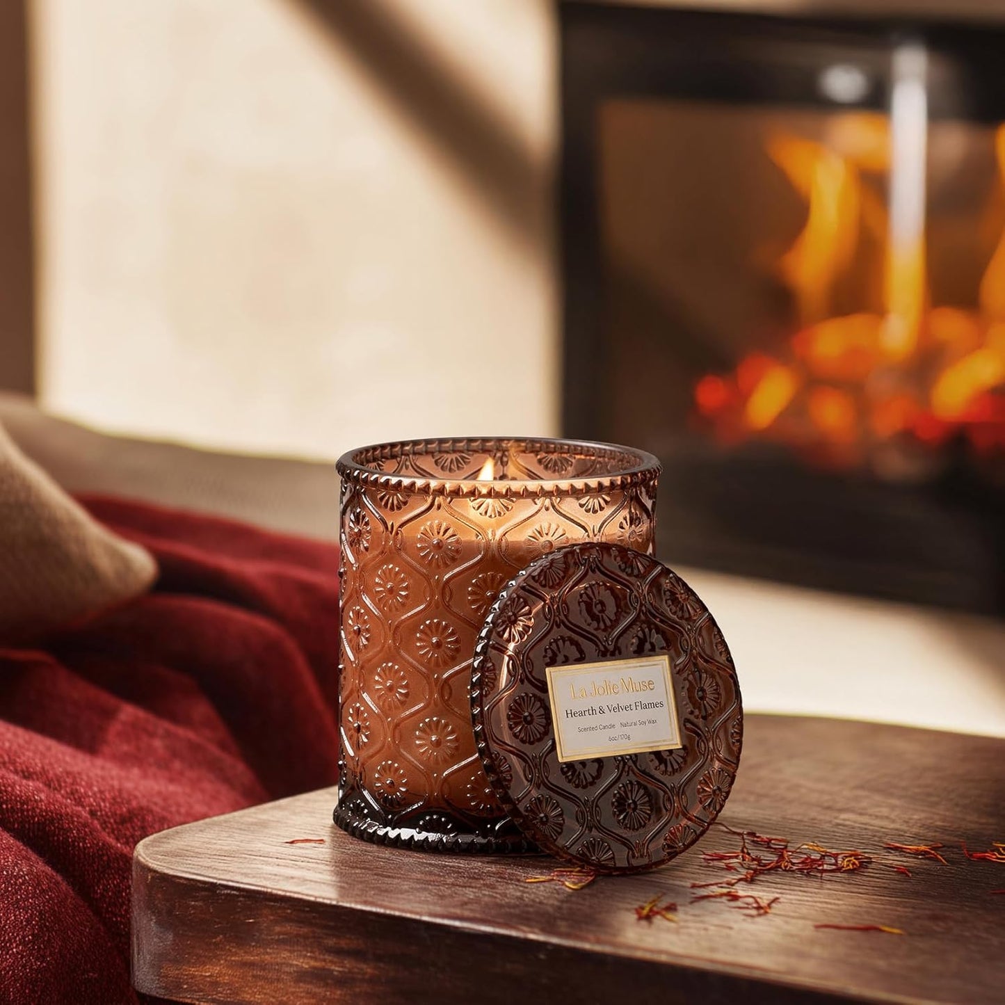 LA JOLIE MUSE Hearth & Velvet Flames Candle - Saffron, Clove, Vanilla | 6 oz Natural Soy Wax | 40 Hours Clean Burn | Elegant Home Décor | Gift-Ready for Hosts & Gatherings