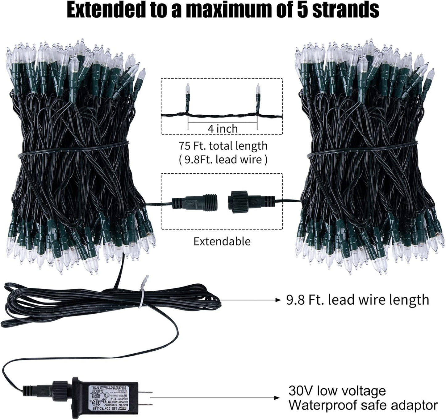 LED Christmas Mini Lights, 75 Feet 200 LED Clear Bulbs String Lights with 8 Light Modes, Connectable Fairy Lights Plug in for Outdoor Xmas Trees Garland Wreath Holiday Decorations, Warm White