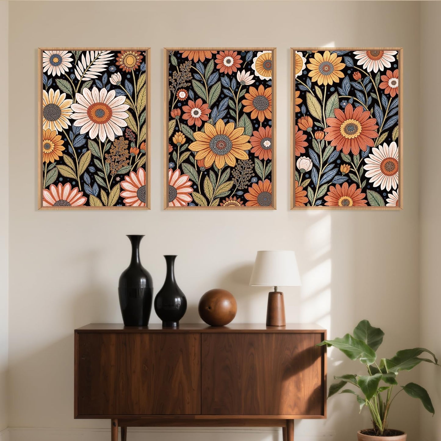 LHIUEM Large Abstract Boho Flower Framed Canvas Wall Art Set,Vintage Colorful Floral Wall Decor,Retro Wildfower Plant Painting,Botanical Artwork for Living Room,Bedroom,Dining Room,Office -16"x24"x3
