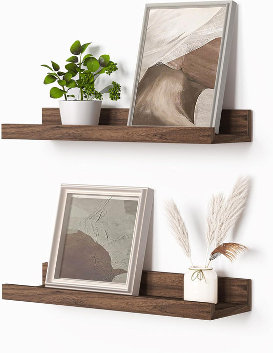 Heimlove Picture Ledge Shelf, Small Floating Shelves Set of 2, 16 Inches Picture Shelf for Wall with Ledge, Kids Bookshelf Wall Mounted for Living Room Bedroom Decor Books Photo Frames, Walnut