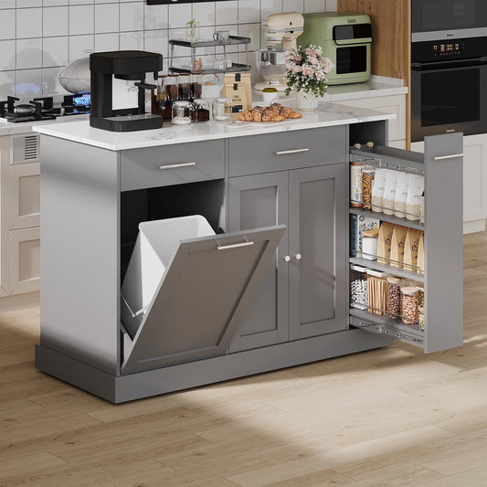 4 EVER WINNER Kitchen Island with Trash Can Storage, Kitchen Islands on Wheels with Marble Countertop, Portable Island Cart for Kitchen, Gray