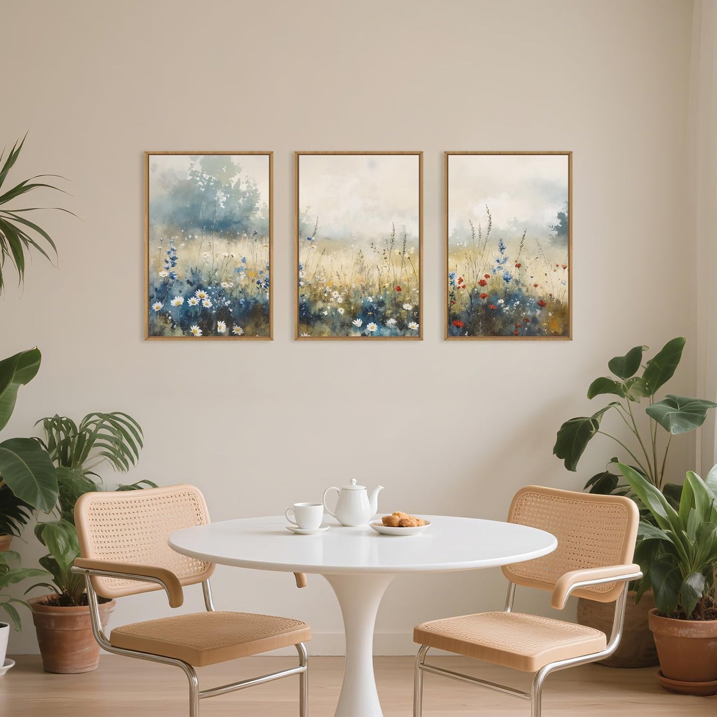 Celestdeco Nature Wildflower Framed Canvas Wall Art Set, Pastoral Landscape Wall Decor, Colorful Meadow Wall Painting, Rustic Floral Art Print for Living Room, Bedroom, Office - 24"X36"X3