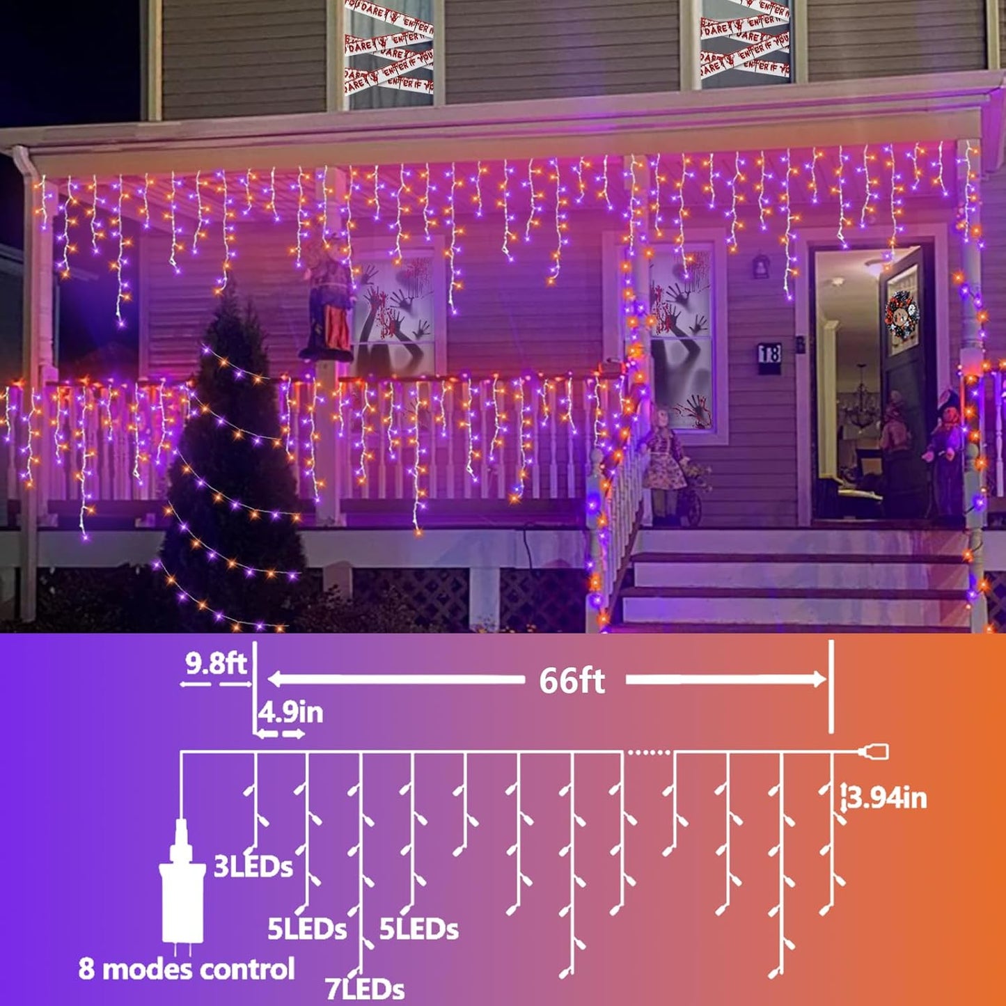 QITONG Orange and Purple Halloween Lights Outdoor, 66ft 800 LED Icicle Light Indoor Plug in, 8 Modes Connectable String Lights with 160 Drops