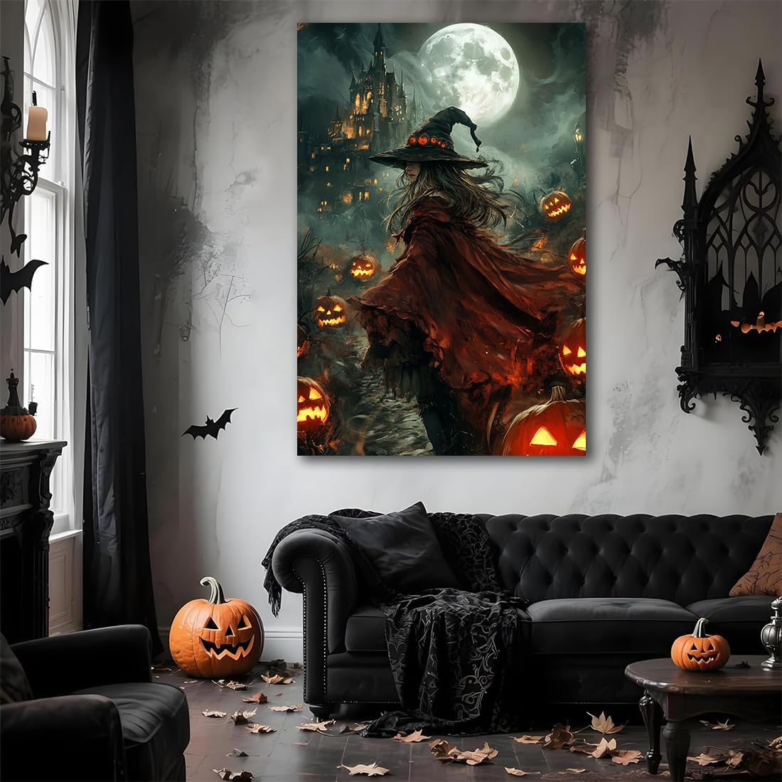 Dark and Moody Gothic Witch Poster Wall Art,Vintage Rustic Witch in Cloak with Castle Pumpkin Road Dark Gothic Poster,Goth Spooky Season Halloween Prints for Fantasy Office,16"x24" Unframed