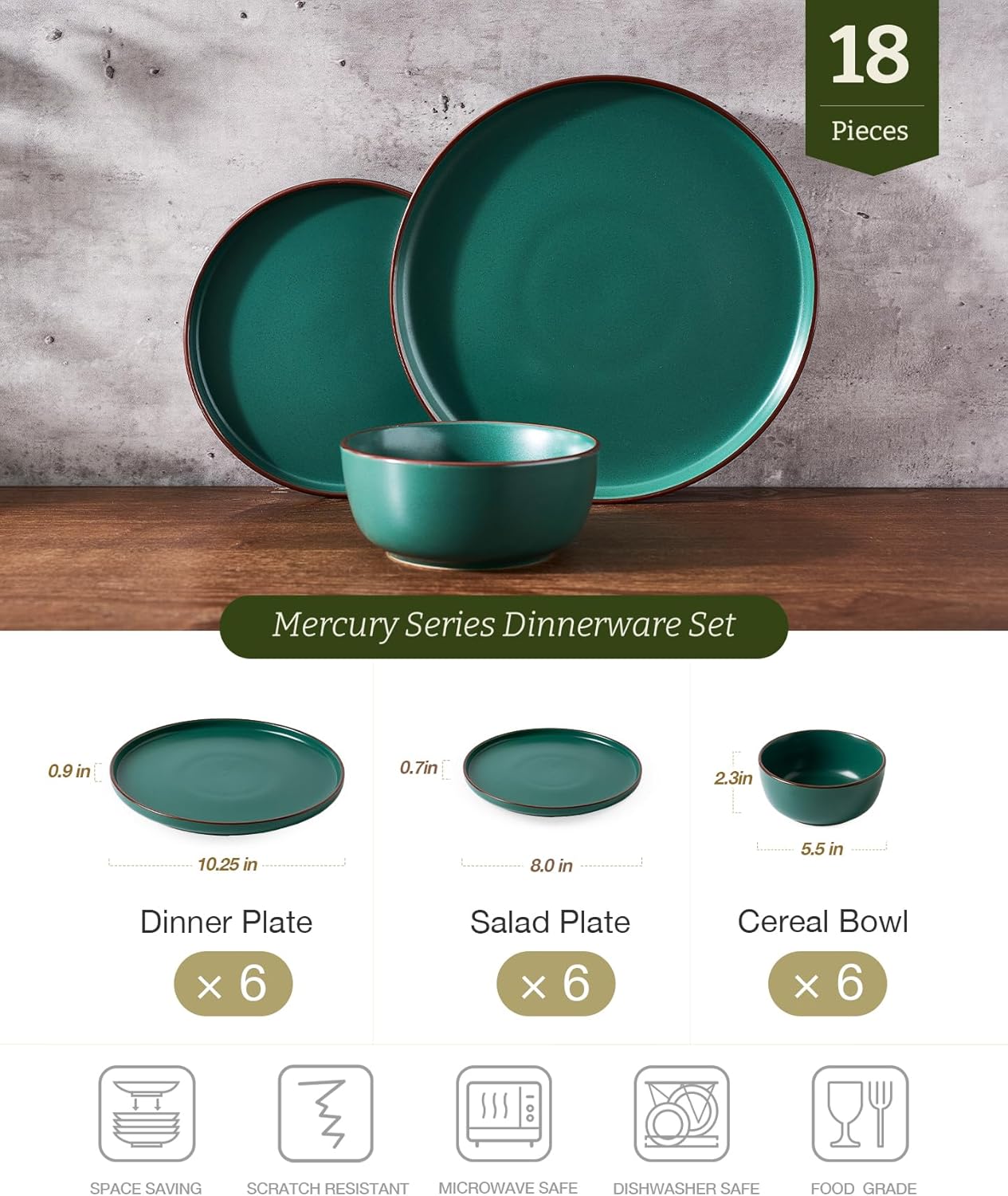 Famiware Mercury Plates and Bowls Sets, 18 Pieces Stoneware Dinnerware Sets, Dishes Set for 6, Microwave and Dishwasher Safe, Dark Green