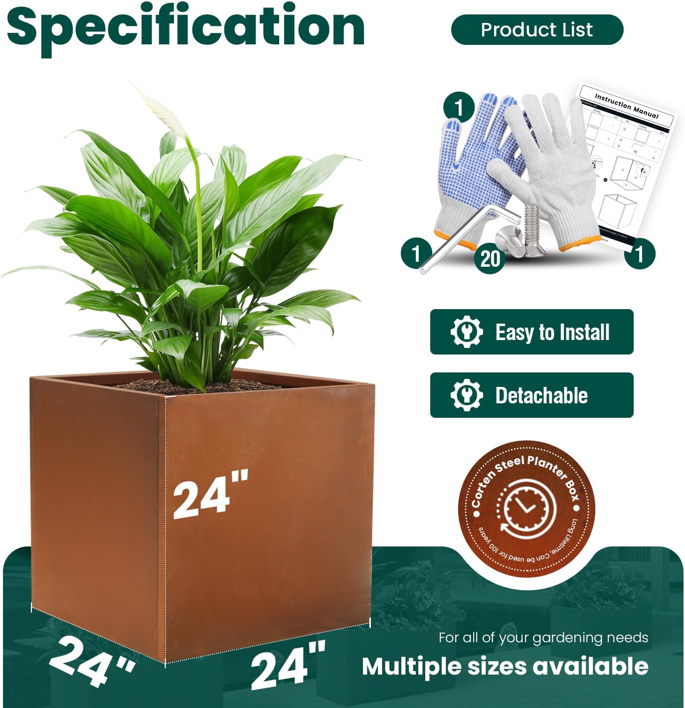 Corten Steel Planter Box Large Outdoor Planter Square Cube Planters Rustic Metal Garden Flower Pot 24 Inch Durable Antique Detached for Commercial Residential Patio Deck and Yard