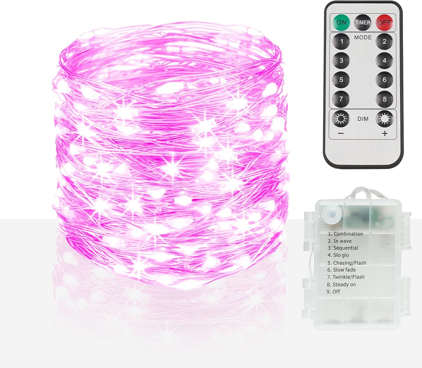 suddus Pink Christmas Fairy Lights Battery Operated Outdoor Waterproof, 66ft 200 Led String Lights with Remote, Twinkle Lights for Bedroom, Dorm, Tapestry, Party Decorations