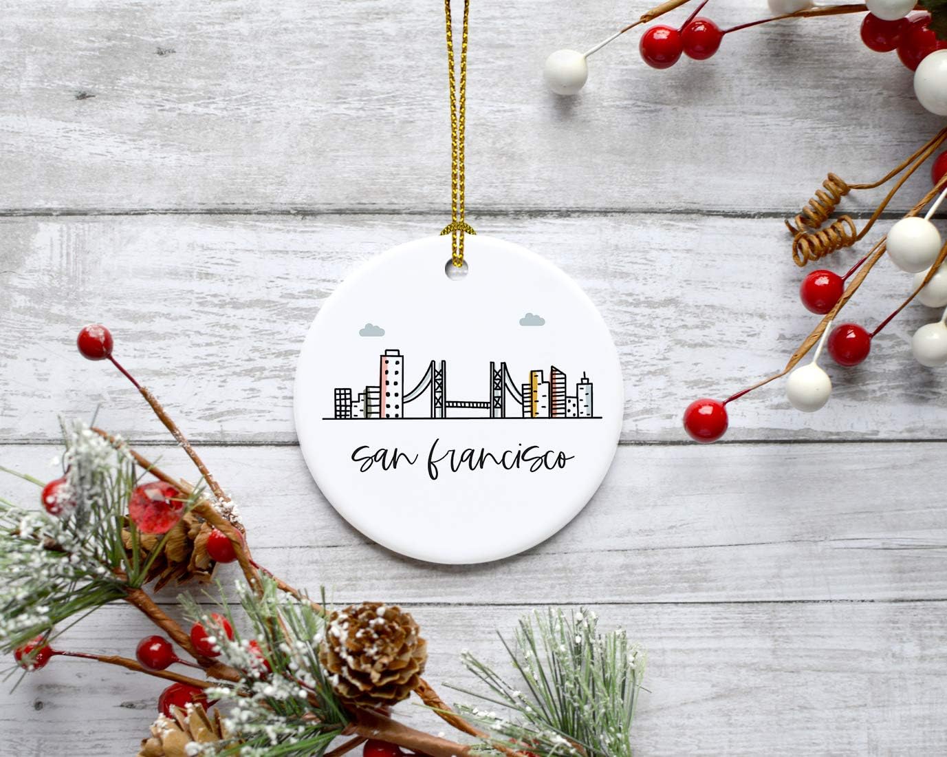 Andaz Press Round Ceramic Porcelain Christmas Tree Ornament Keepsake, San Francisco, Colorful City Skyline Graphic, 1-Pack, Birthday Gift Ideas Family Coworker Him Her, Includes Gift Box