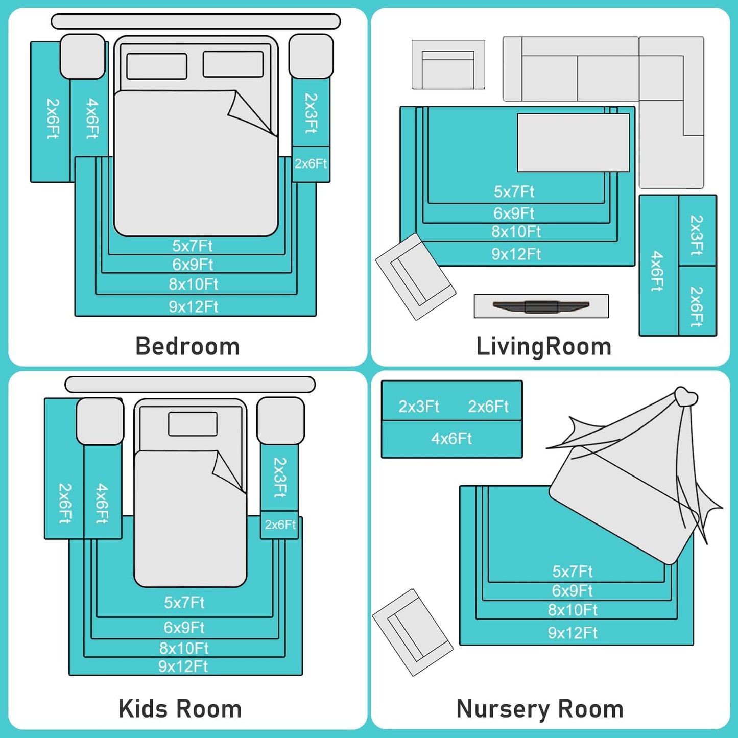 Rezutan Super Soft Fluffy Rug for Living Room Bedroom Modern Shaggy Fuzzy Kids for Living Room,Plush Indoor Nursery Classroom Home Decor Bedside Rug with Non-Slip Bottom,Teal Blue, 2 X 6 Feet