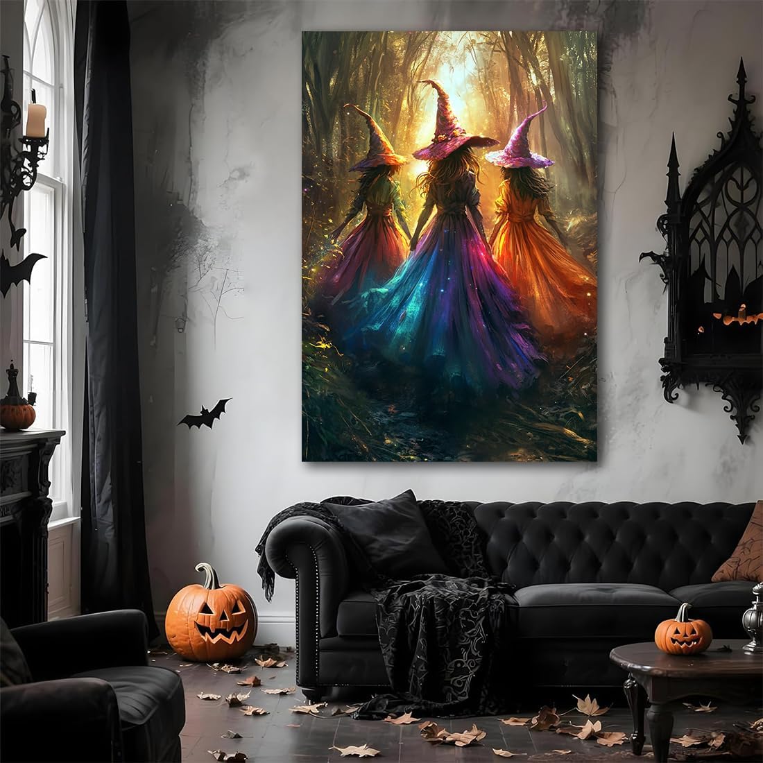 Halloween Room Decor Wall Art Colorful Witch Prints,Vintage Three Colorful Witches in Forest Halloween Posters,Fall Fantasy Aesthetic Pictures Playful Art Wall Decor for Bedroom,16"x24" Framed