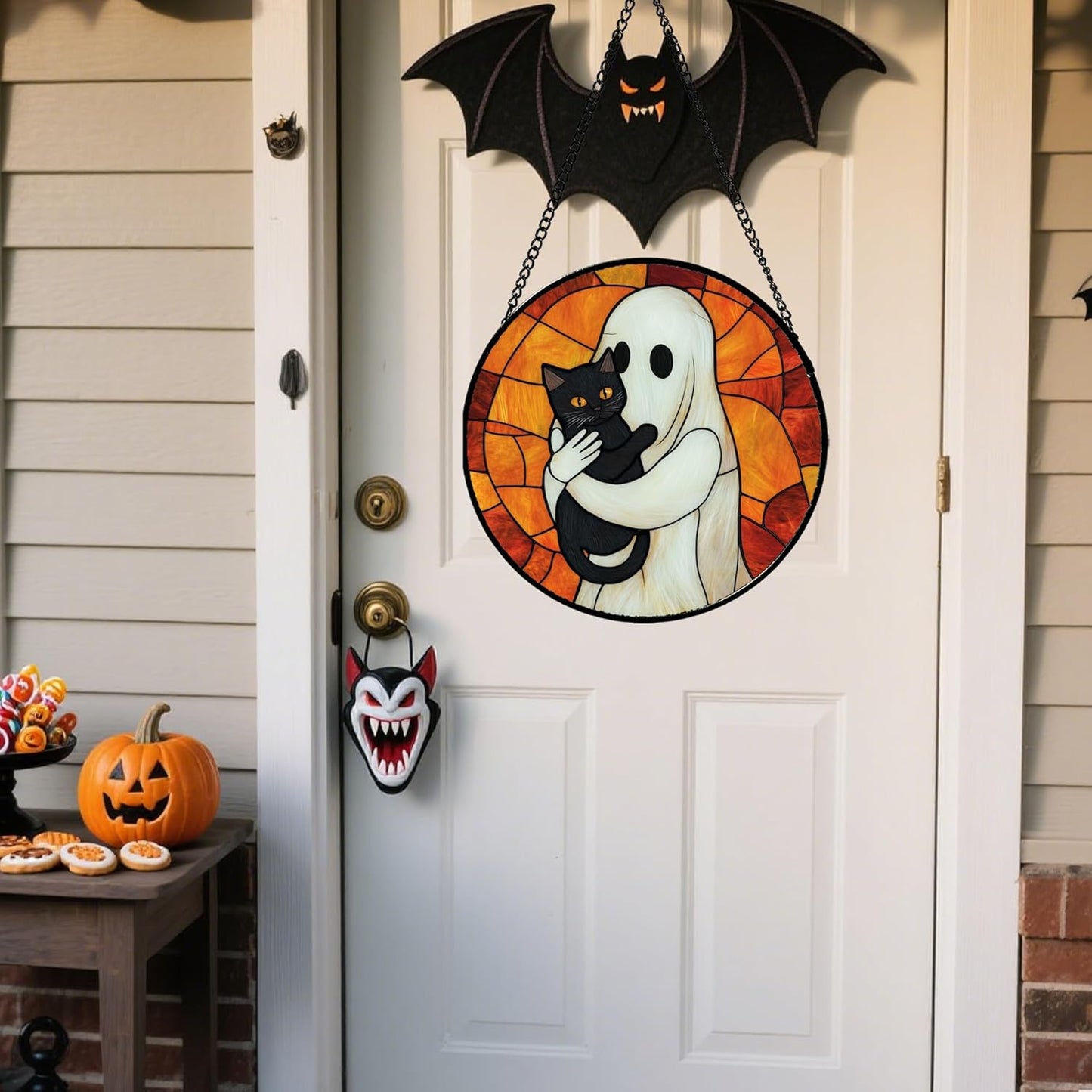 Stained Glass Window Hanging - Halloween Decorations White Ghost Black Cat Suncatcher for Doors Garden Spooky Funny Orange Sun Catchers Gothic Decor Horror Gifts for Women Men Friend 9.8 in