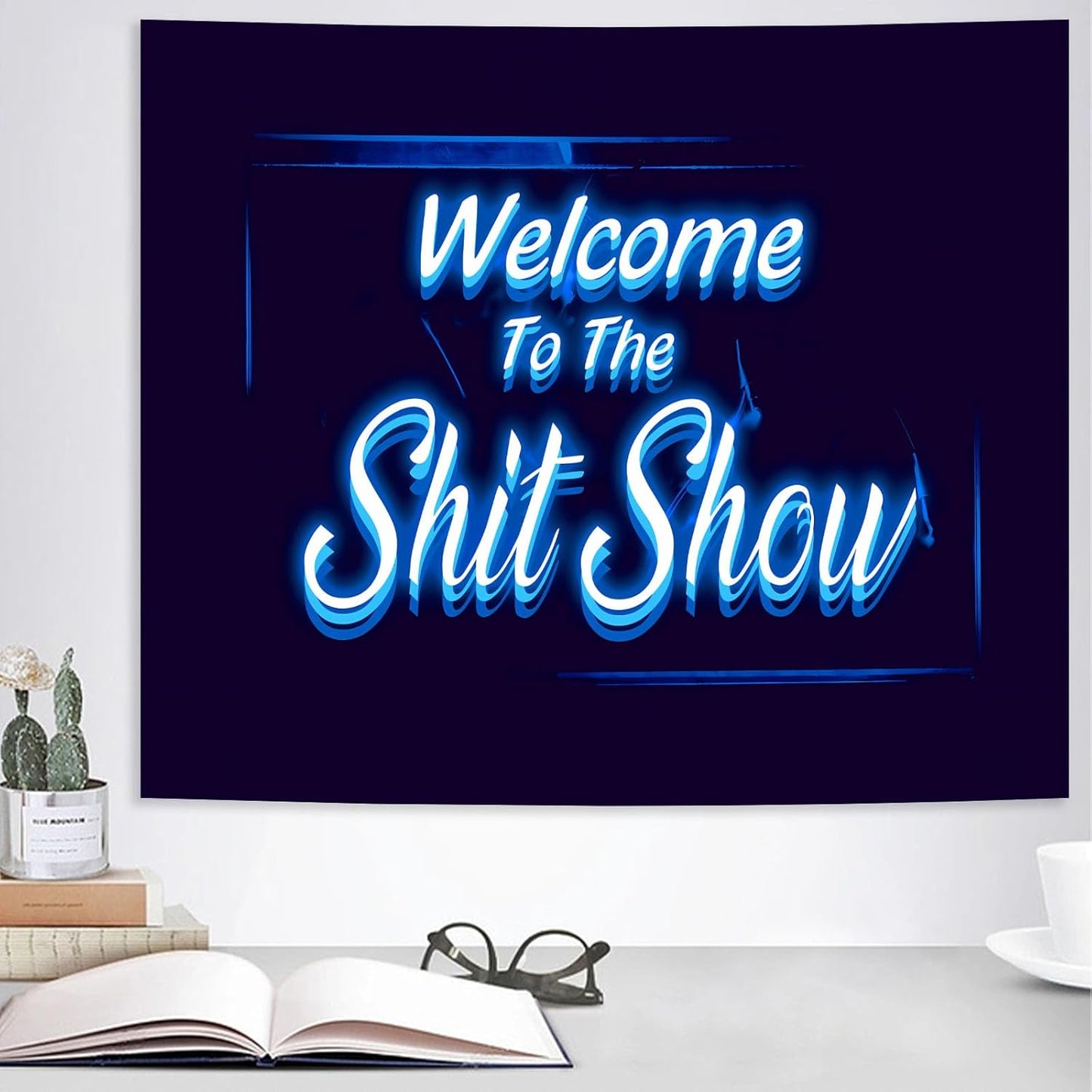 Welcome to the Shitshow Tapestry Blue Dorm Room Decor for Bedroom Wall Hanging Vintage 3D Word Art Flag Wall Tapestry for Living Room Dorm Party Decor (51 X 60 Inches)
