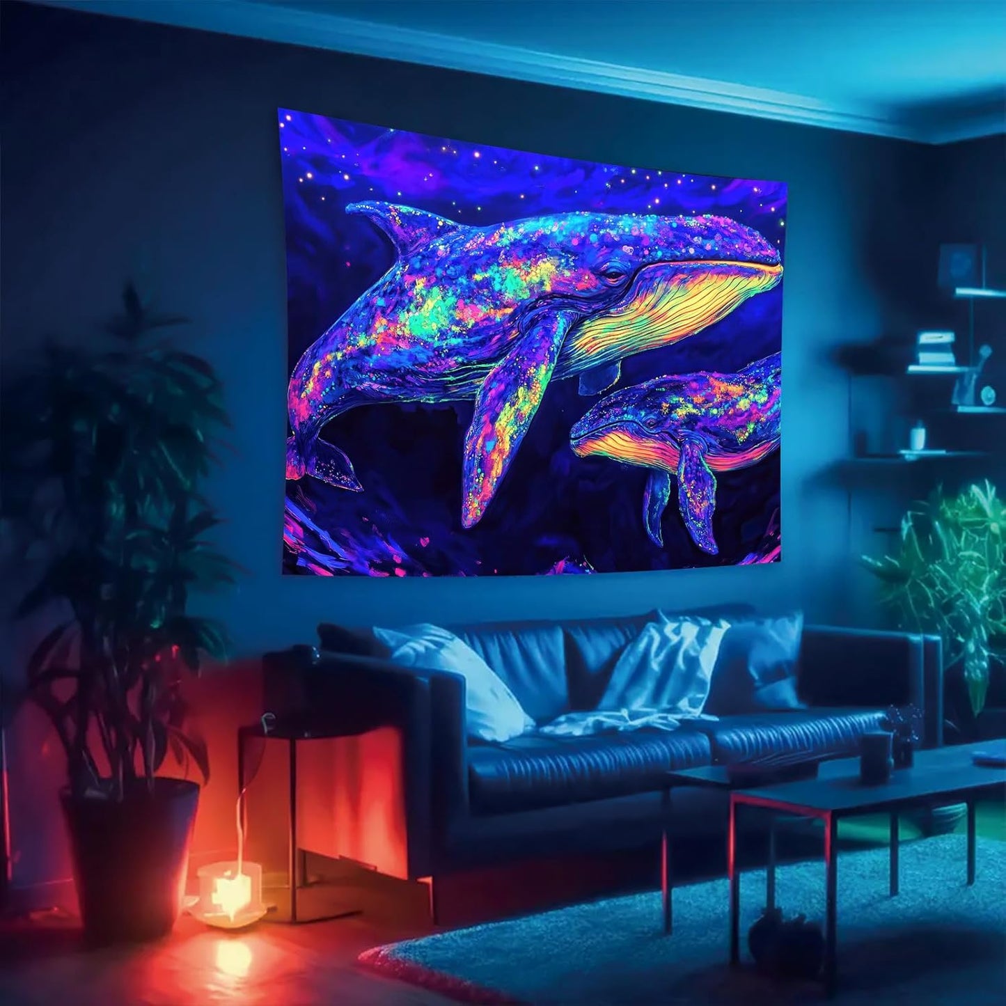 Starlit Patio Blacklight Whale Tapestry UV Reactive Glow in The Dark Neon Whale Wall Hanging Tapestry Trippy Ocean Art Poster for Bedroom Living Room Dorm Aesthetic Decor 78 x 59 Inches