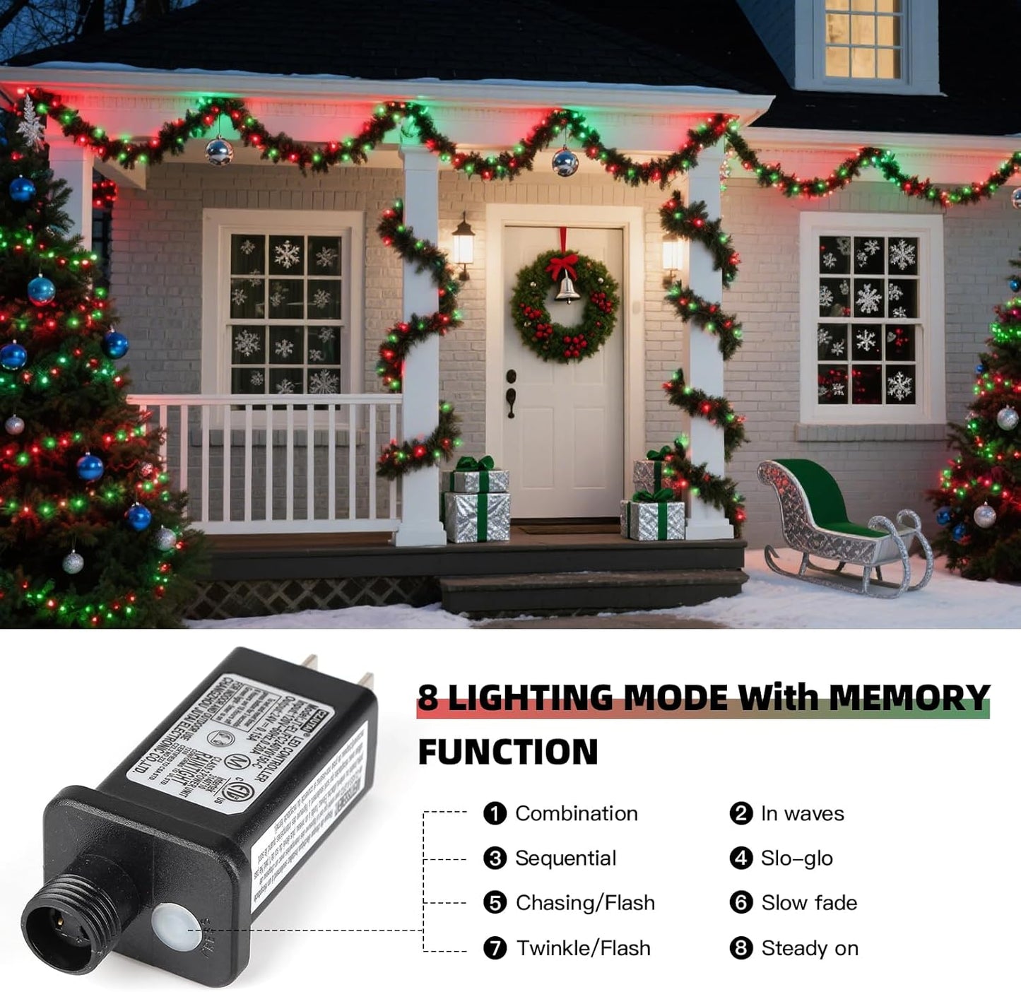 XTF2015 Christmas String Lights, 105ft 300 LED Christmas Lights 8 Modes Memory Function & Timer- UL Certified - Outdoor Indoor Christma s Fairy Lights for Tree, Garden, Party, Wedding(Red + Green)