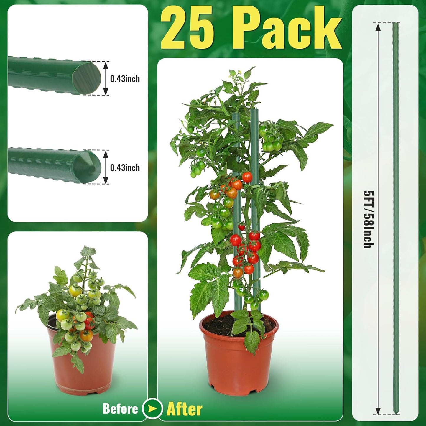 Premium Garden Stakes 58 Inch 5ft 25 Pack, Heavy Duty Tomato Plant Stakes for Outdoor Plants, Rust Resistant Metal Garden Poles and Sticks for Vegetables, Flowers, and Climbing Plants (green, 58 Inch)