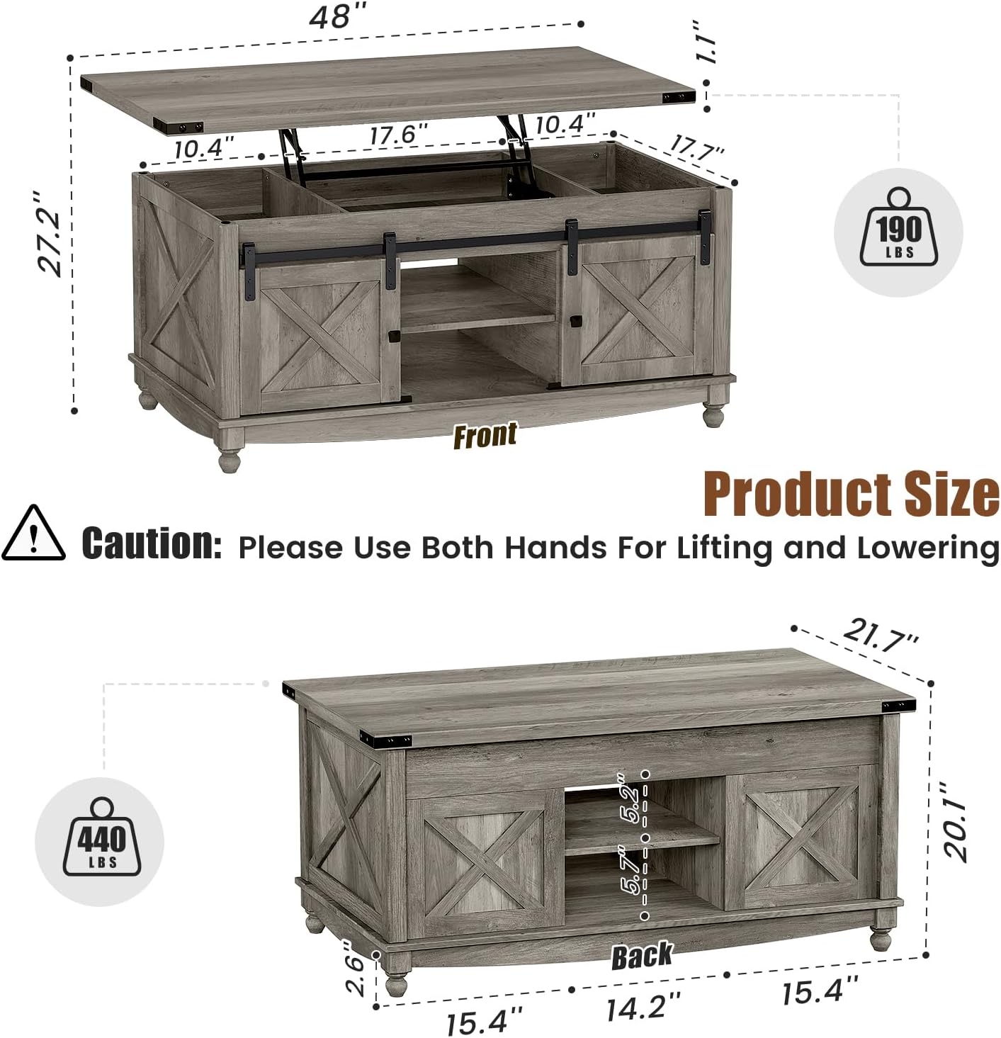 48" Farmhouse Lift Top Coffee Table with Storage Sliding Barn Door & Large Hidden Compartment, Coffee Table with Lifting Top with Wooden Lift Tabletop, Coffee Tables for Living Room, Grey