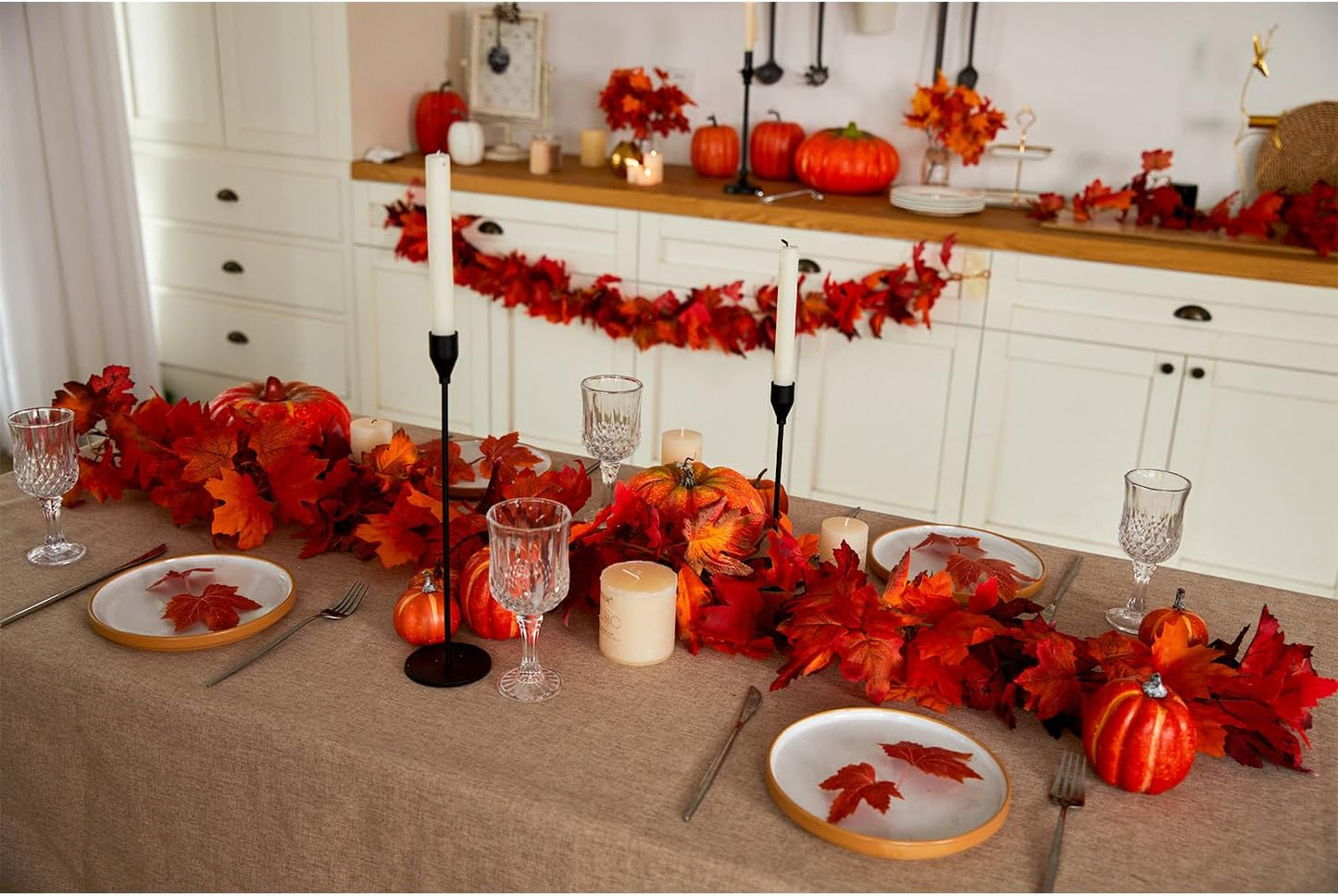 Party Joy 6PCS Artificial Maple Leaf Garland - 5.6Ft Autumn Red Fall Decor for Front Door, Table & Wall, Thanksgiving Garland Hanging Vines with Realistic Leaves