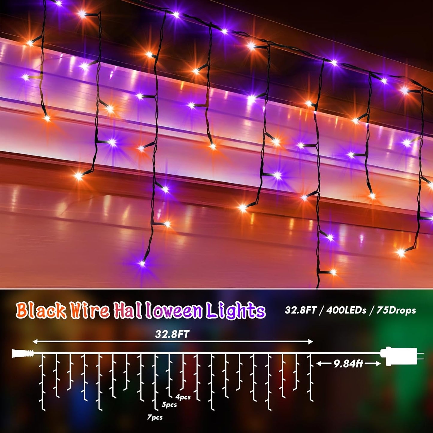 KNONEW 33FT 400 LED Orange Purple Halloween Lights Outdoor Black Wire String Lights with 75 Drops, 8 Lighting Modes, Timer Memory Function Connectable Hanging Curtain Lights for Halloween Party Decor