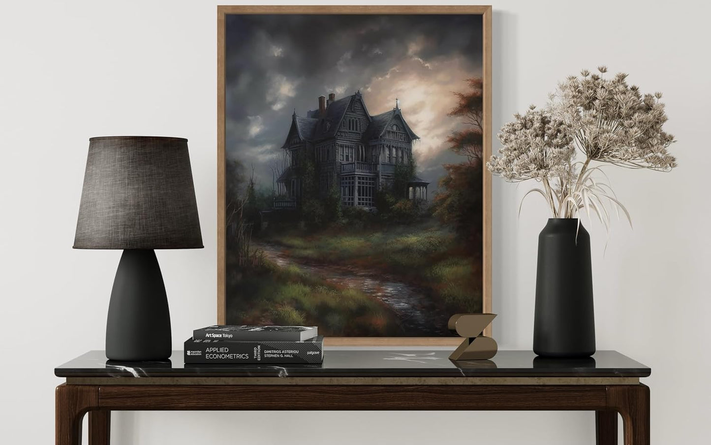Haunted House Poster Art Print, Halloween Scary Vintage Wall Art Academia Spooky Painting Decoration for Horror Prints, Gothic Posters Bedroom Decor 89 (Haunted House, 8 x 10 inches, Wood Frame)