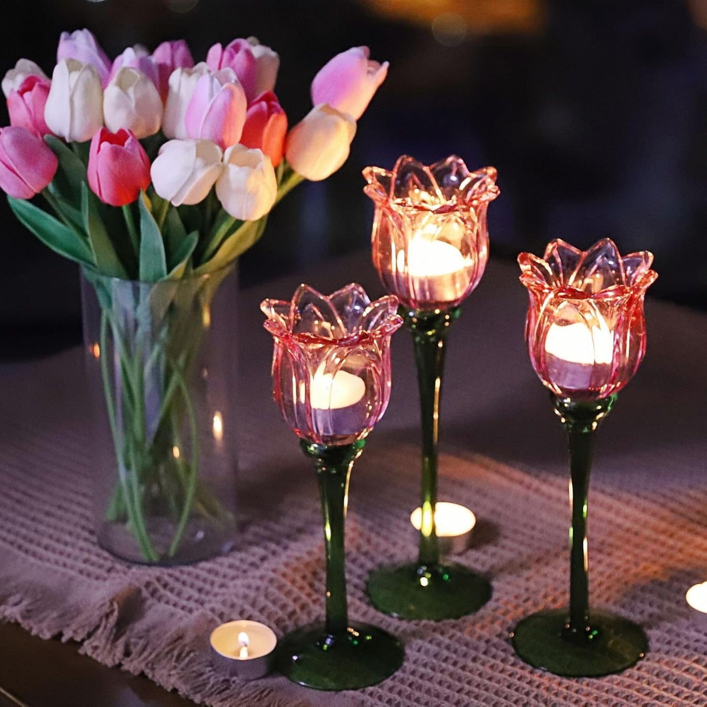 VOHO Pink Tulips Candle Holder, Romantic Pink Flower Votive Candle Holders for Wedding Bridal Shower Decorations, Tall Tealight Candle Holder Decor for Centerpiece Table(Set of3)