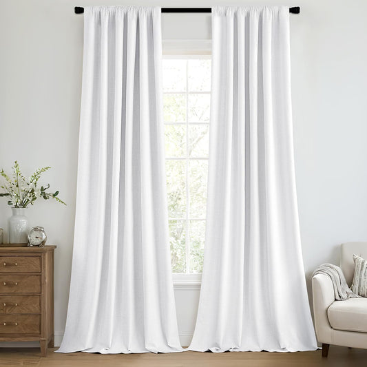 MIULEE 100% Blackout Curtains 108 Inch Long 2 Panels Set for Bedroom, Thick Faux Linen Black Out Curtain Room Darkening Back Tab Pleat Window Textured Drapes with Hooks for Living Room, Bright White