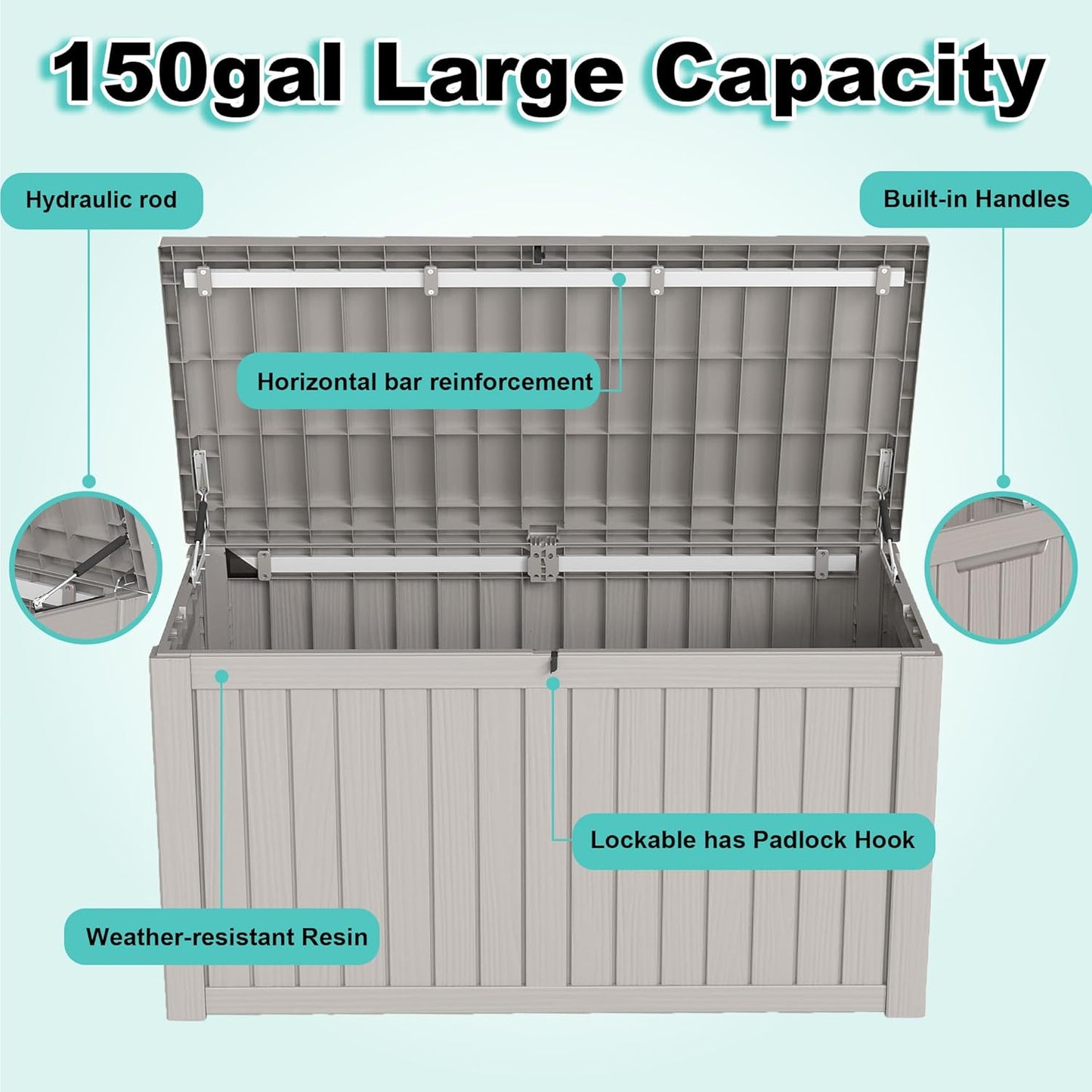 150Gal Outdoor Deck Box Waterproof, Lager Patio Storage Box Indoor and Outdoor Use, Lockable Resin Storage Bin for Patio Furniture Cushions Garden Tools, Package Delivery,UV Resistant-Grey
