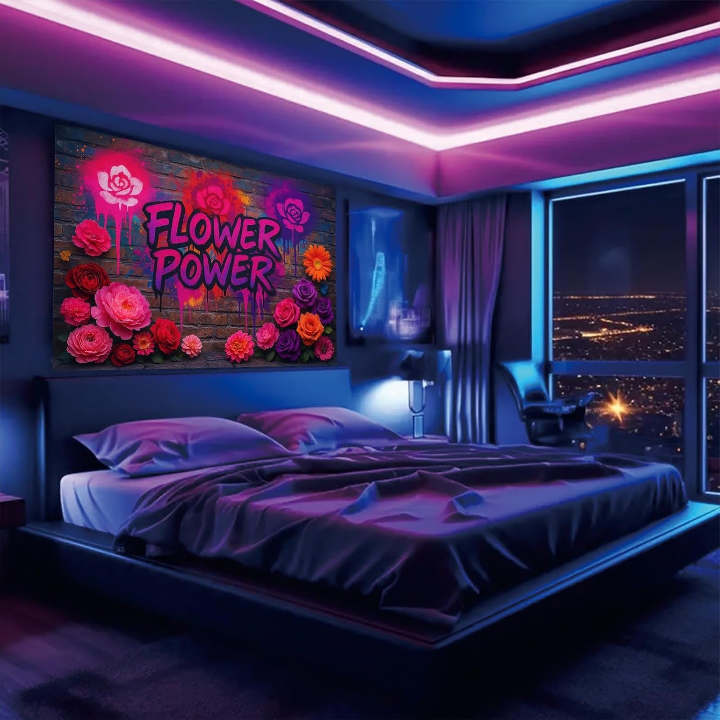 Starlit Patio Flower Power Blacklight Tapestry UV Reactive Wall Hanging Graffiti Brick Wall Roses Spray for Bedroom Dorm Living Room Glowing Retro Aesthetic Decor Fluorescent Trippy Poster 78 x 59 Inc