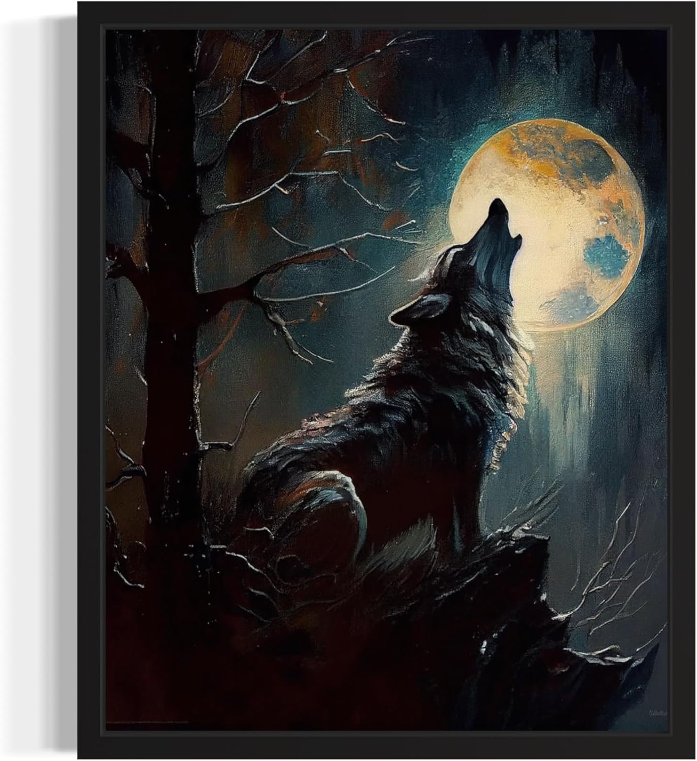 Wolf howling Poster Art Print, Halloween Scary Vintage Wall Art Academia Spooky Painting Decoration for Horror Prints, Gothic Posters Bedroom Decor 89 (Wolf howling, 11 x 14 inches, Black Frame)