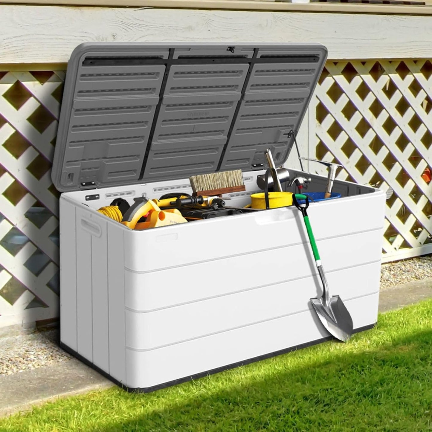 ZZM 110 Gallon Lockable Resin Deck Box, Waterproof Outdoor Storage Box for Patio Cushion Storage Cabinet and Tools Storage, White