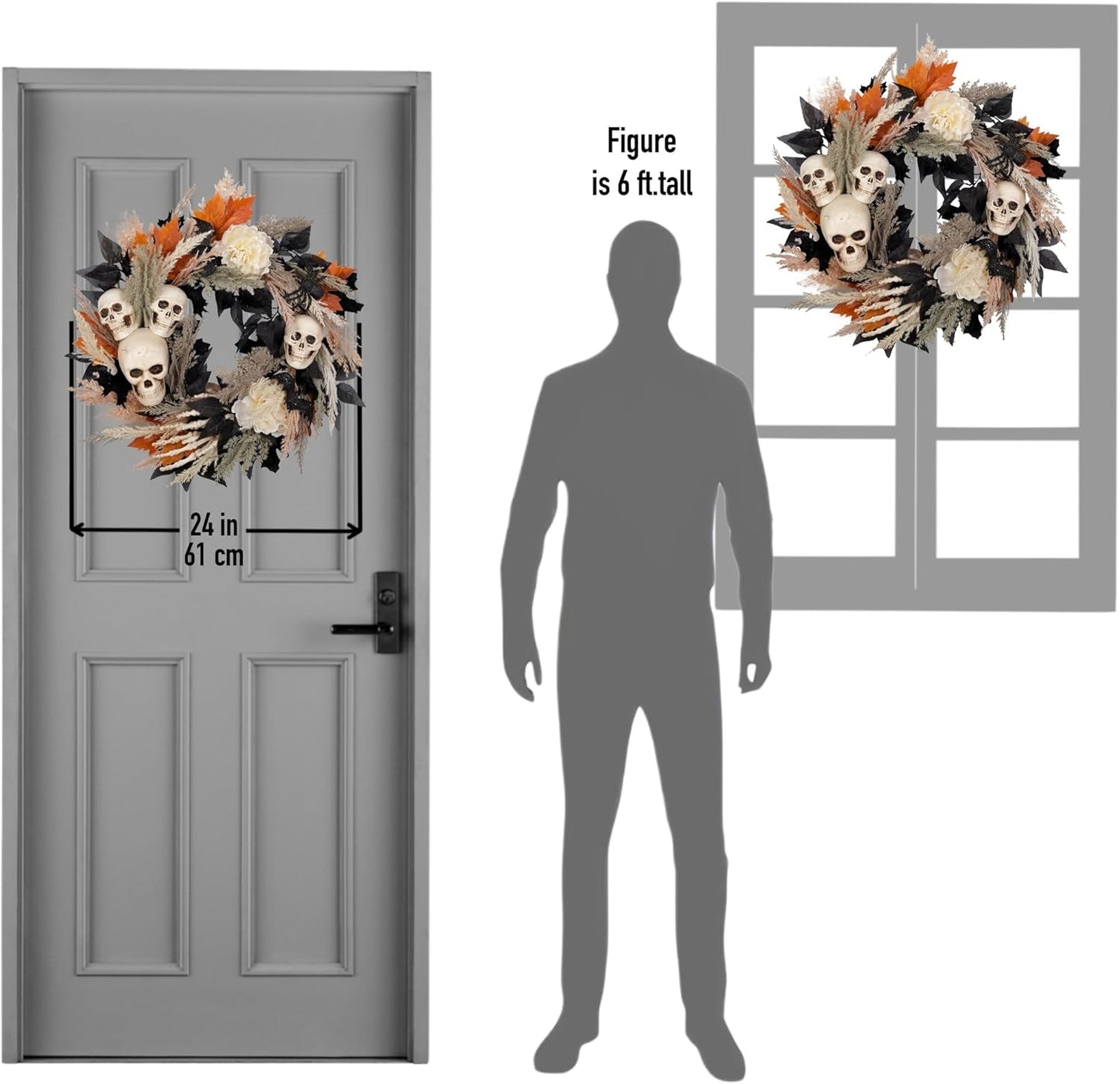 24" Halloween Wreath for Front Door with Artificial Skulls, Wheat, Maple Leaves and White Peonies - Fall Halloween Holiday Decoration for Home Door Wall Indoor/Outdoor