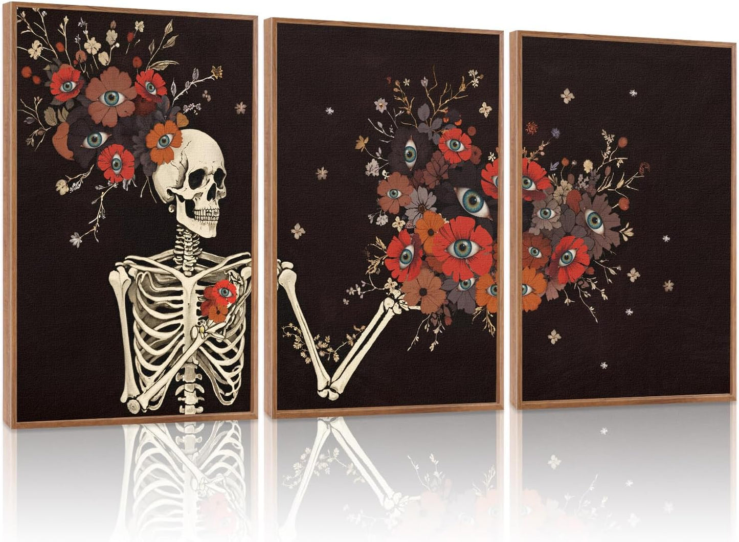 KAIRNE Gothic Skull Wall Art,Halloween Skeleton Canvas Set of 3(16”x24”),Scary Skull Painting,Horror Floral Botanical Prints,Romantic Spooky Halloween Wall Art for Living Room Bedroom Goth Party Decor