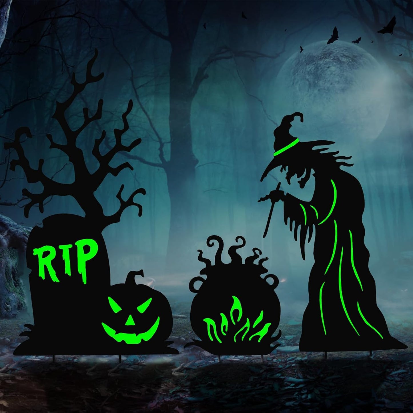 Halloween Yard Signs Outdoor Decorations，3 Pack Warerproof Scary Witch Tombstone Cauldron Fluorescent Metal Stakes Glow in The Dark for Lawn Garden Halloween Decor (Witch Tombstone Cauldron)